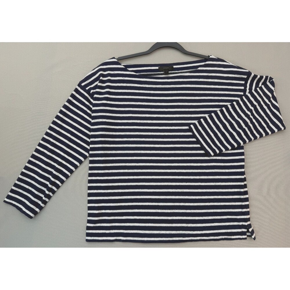 J Crew Women's Striped Sleeve Cotton Top Size Medium Navy And White NWT